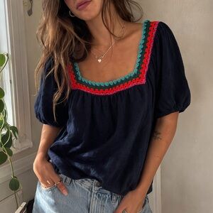 Boden Navy Linen Crochet Trim Peasant Blouse Size 6 Boho Cottage Prairie NWT